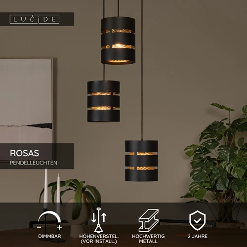 Lucide ROSAS - Pendelleuchten - Ø 43 cm - 3xE27 - Schwarz - USP